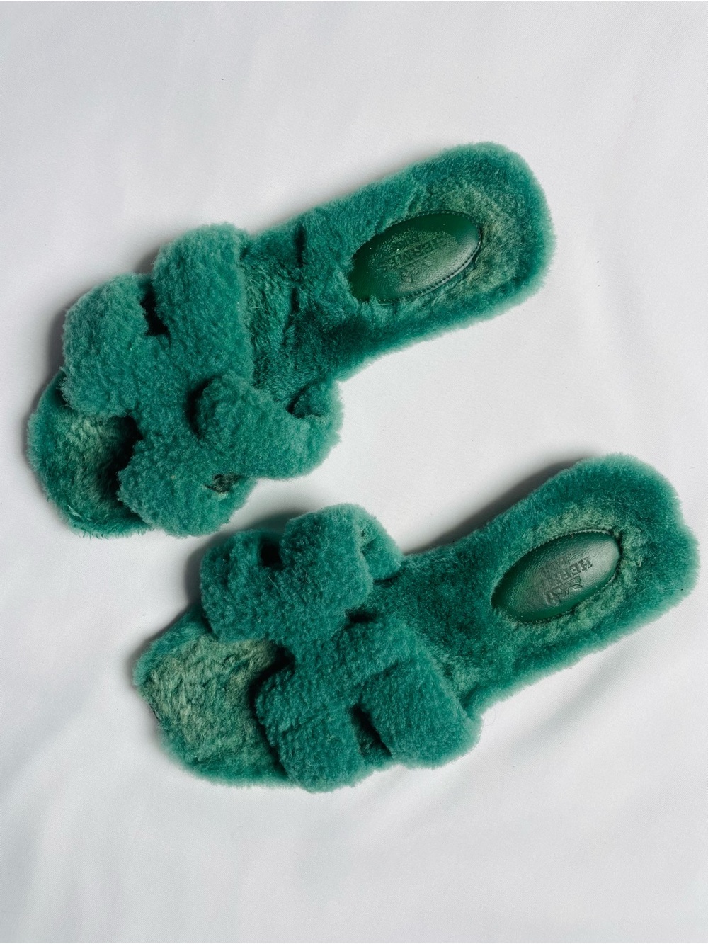 Hermes Emerald Green Shearling Oran Slide Sandals
